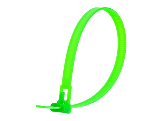 Picture of 10 Inch Fluorescent Green Releasable Cable Ties - 100 Pack, UV Protected, Nylon, 50 Lbs Tensile Strength